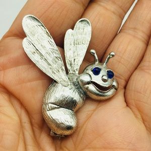 Vintage Sweet Bee Blue Eyes JJ Jonette Jewelry Company Sliver Pin Brooch J75